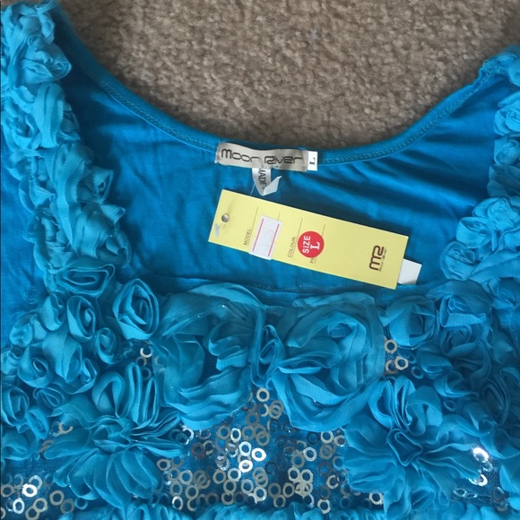 MoonRiver Blue ruffled dress w/ sequins &rosettes - Picture 3 of 6